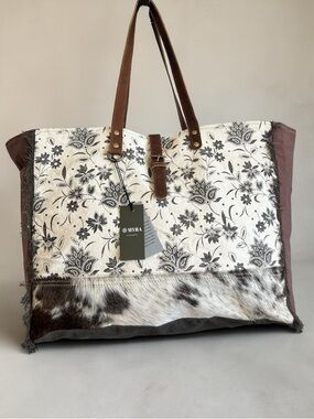 Myra Canvas Leather Weekender Bag XL Cowhide Travel Duffel Western Boho Floral